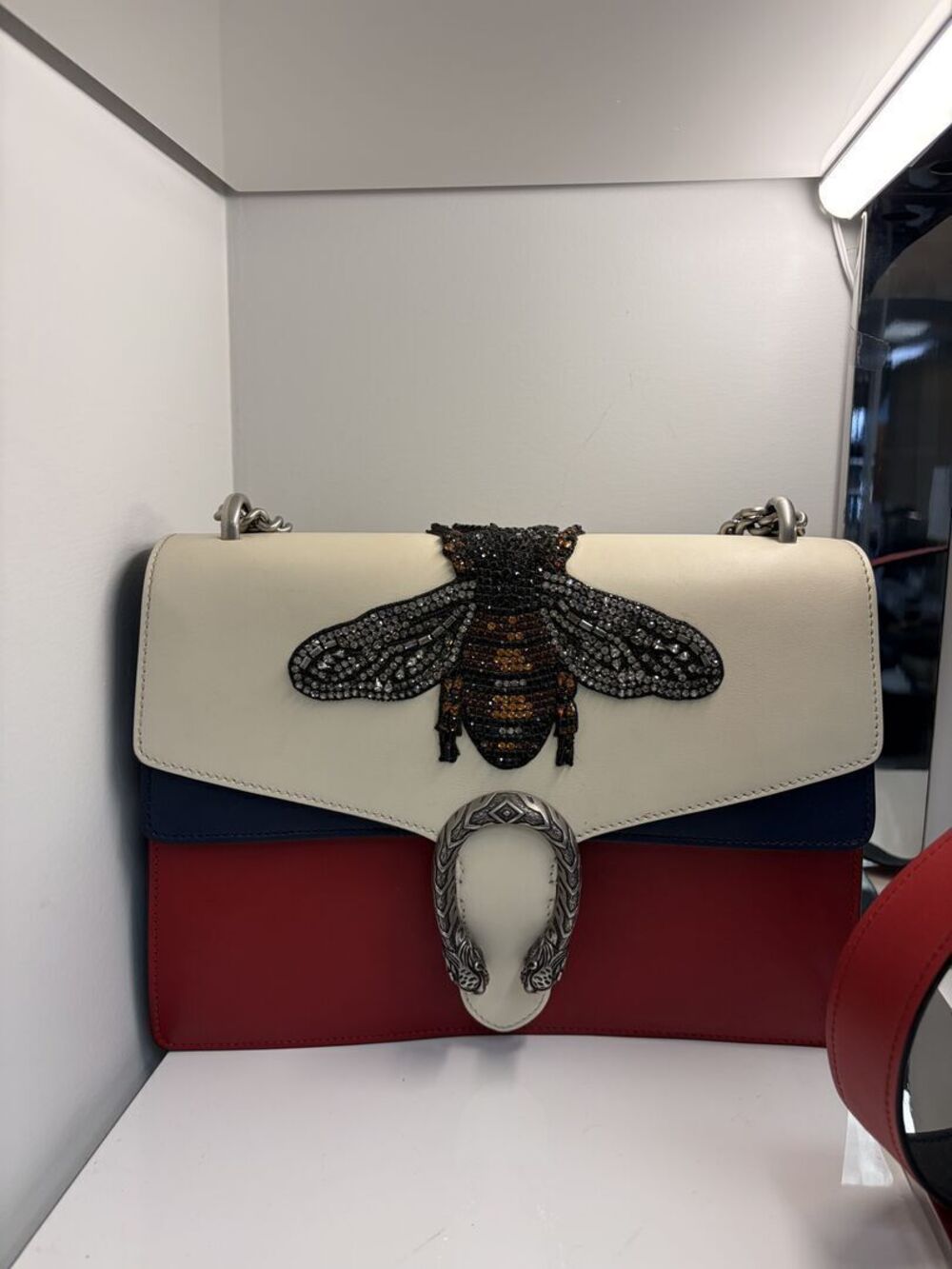 Gucci Dionysus Crystal Bee White Blue Red Leather Shoulder Bag